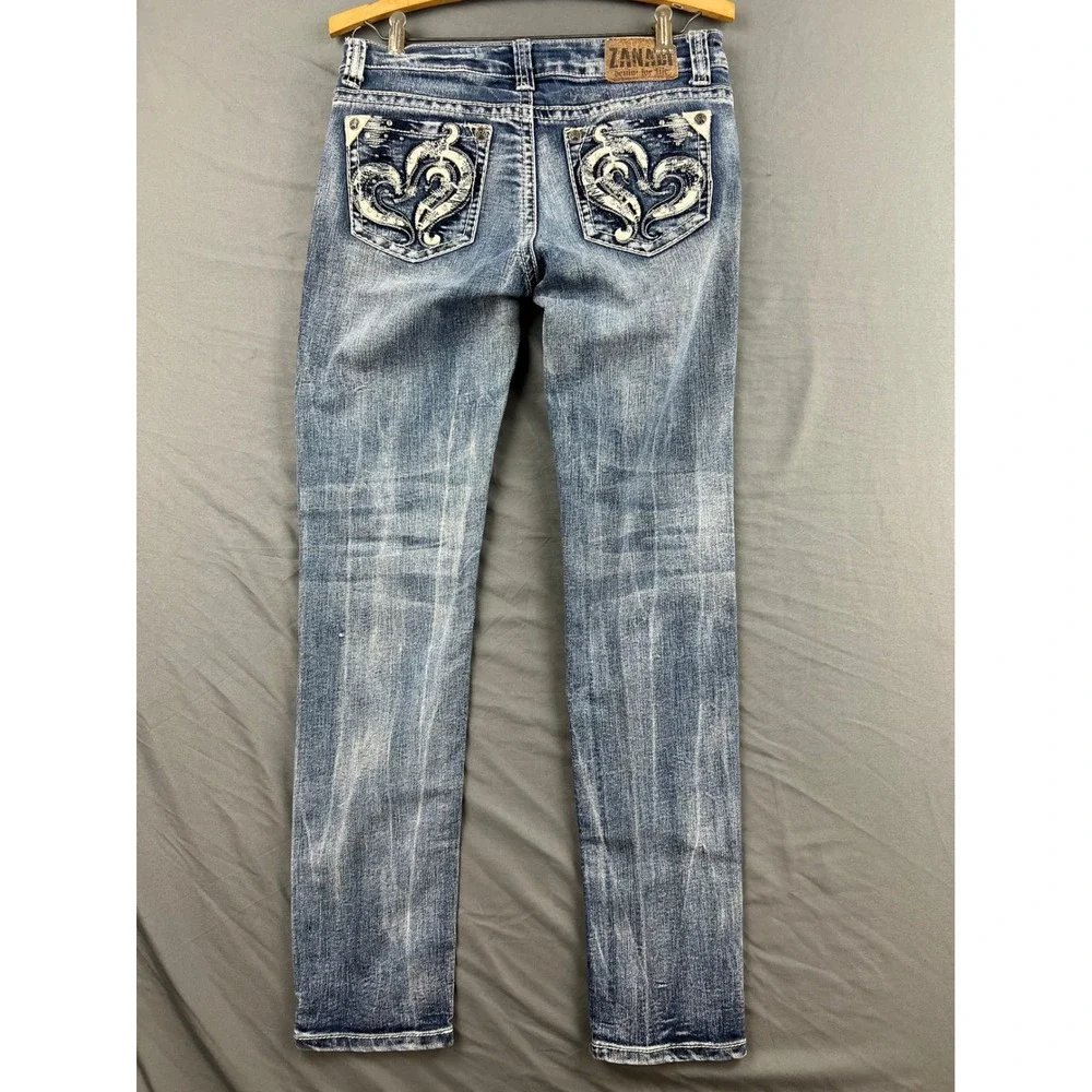 Zanadi Jeans Womens 9 Skinny Blue Embroidered Rhinestone Pockets Low Rise Good